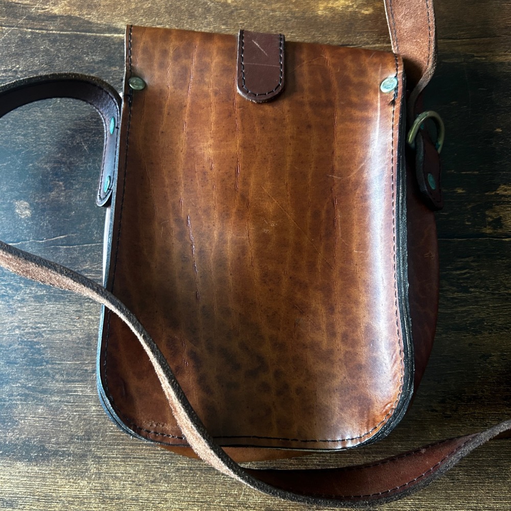 The Belt Co London English Hide Crossbody Bag Brown Leather Solid Brass Buckle - Picture 3 of 6